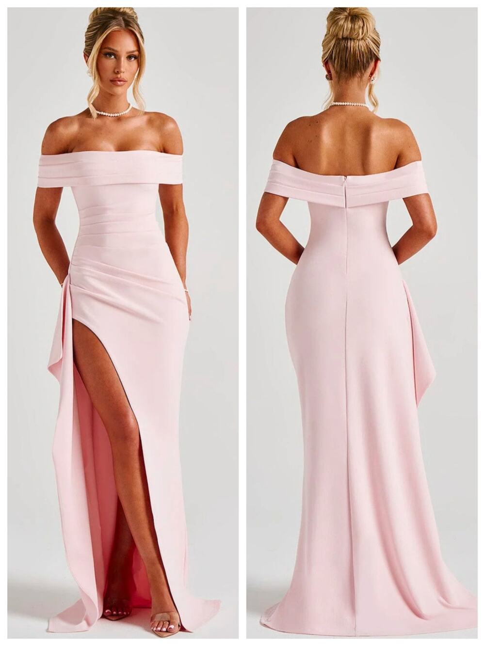 Babyboo Joyce Pink Off Shoulder Ruched Slit Maxi Dress Small
